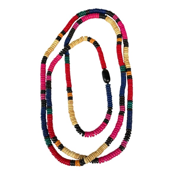 VINTAGE Long African Hand-Made Wood Beaded Necklace - Picture 2 of 7